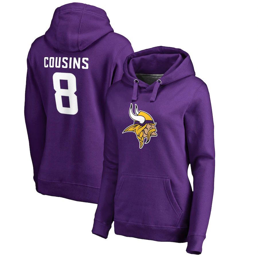 Women Minnesota Vikings #8 Kirk Cousins NFL Pro Line by Fanatics Branded Purple Team Logo Player Icon Name & Number Pullover Hoodie->women nfl jersey->Women Jersey